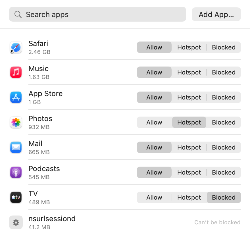 The Manage Apps window listing apps with their data usage and an Allow, Hotspot, or Blocked setting for each